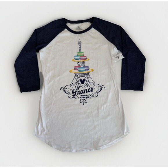Disney Epcot France Macaron Eiffel Tower Raglan T Shirt White Grey Gray SZ S NWT - Picture 1 of 7